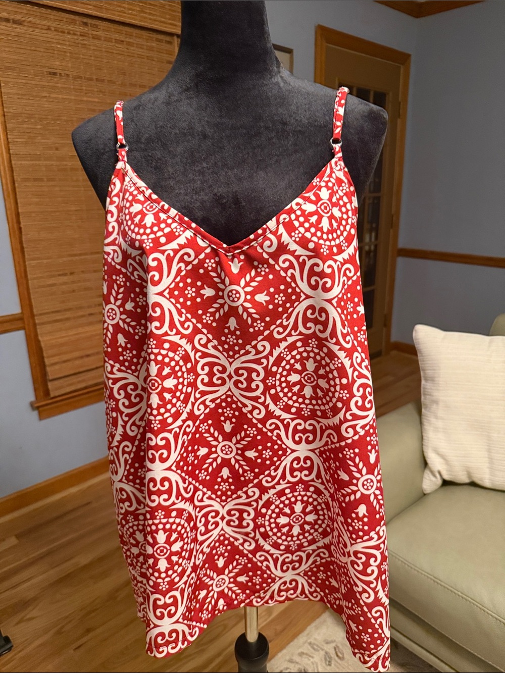 Red White Printed Spaghetti Strap Slip Tank Top